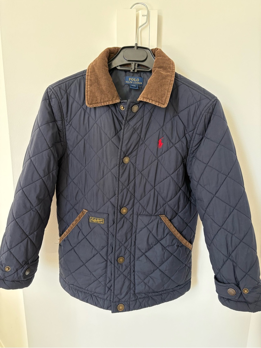 Polo Ralph Lauren Kids Boy 8T Quilted Puffer Jacket Navy Brown Collar